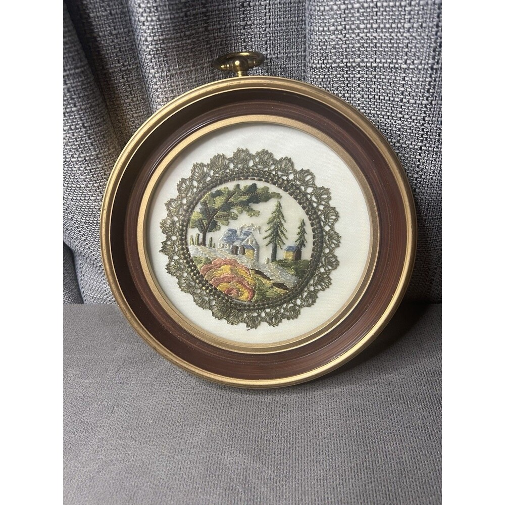 Vintage Embroidery Needlepoint Wall Art Round Glass Framed Farmhouse Doily